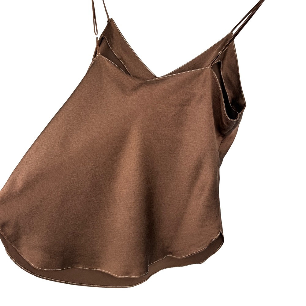Lasoie Silk Cami Tank Top Women Large Brown V-Neck Adjustable Spaghetti Strap